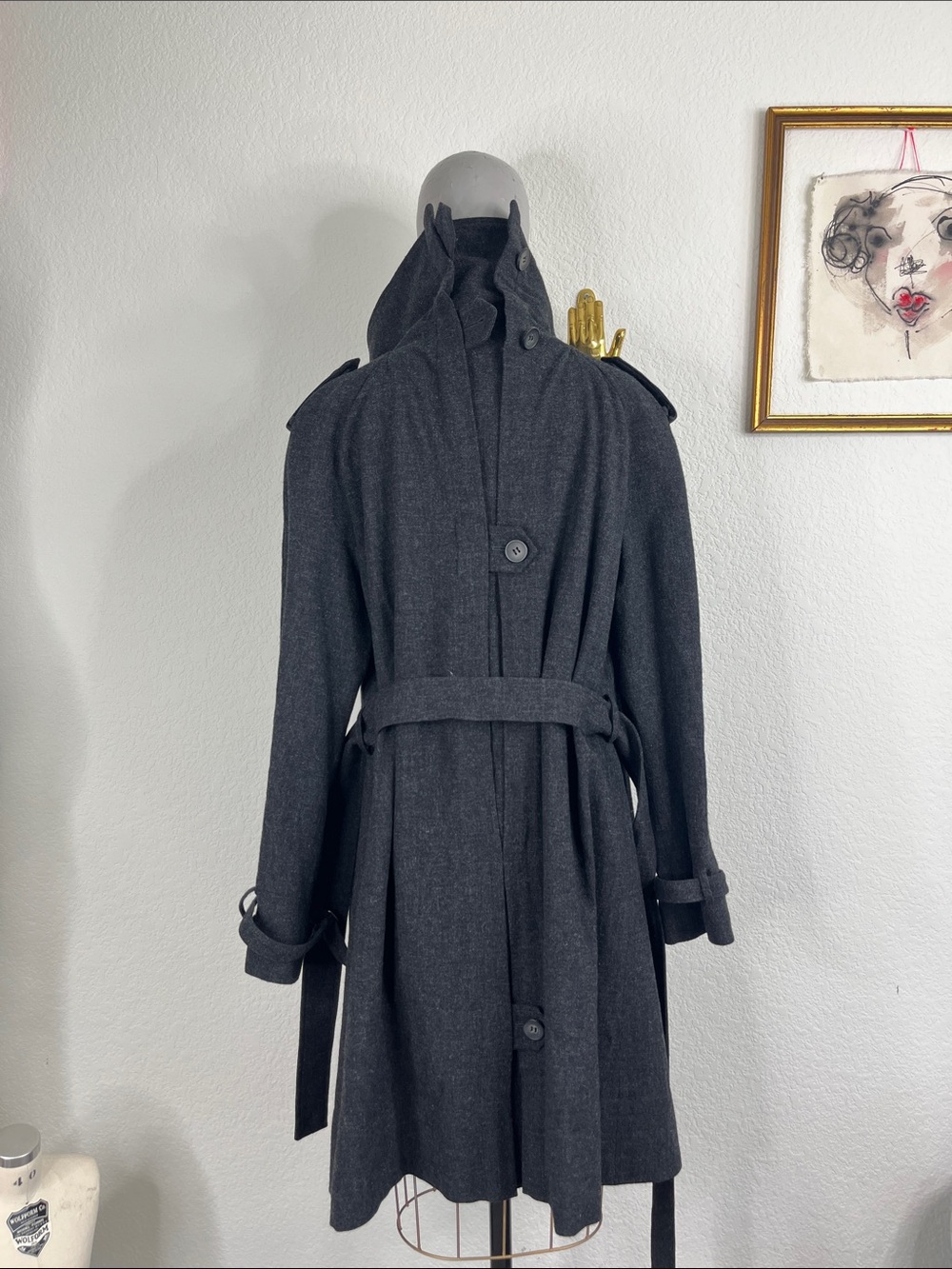 All Saints Nahara Asymetrical Cross Front Wool Belted Trench Coat Back Buttons - Picture 6 of 10